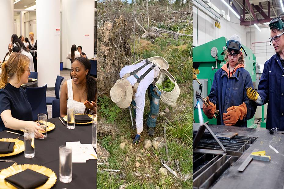 Three images from left to right: Two young people connecting at Black Health Alliance event (Photo credit: Maame Obeng); Tree Canada volunteer planting trees (Photo courtesy of Tree Canada); high school student practicing welding skills with instructor at Junior Achievement workshop (Photo credit: Jonathan Lao).