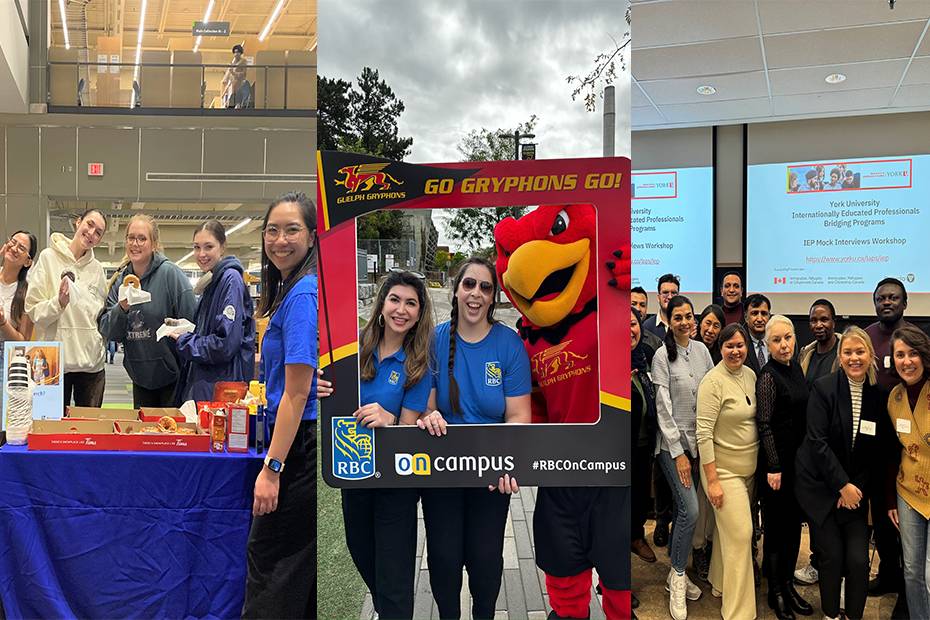 Three images from left to right: RBC OnCampus teams connecting with students and communities at Red Deer Polytechnic (Alberta), Guelph University (Ontario) and York University (Ontario).