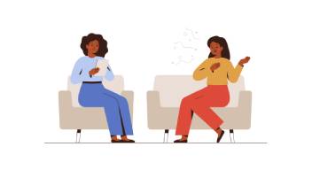 Illustration of two friends sitting and drinking coffee