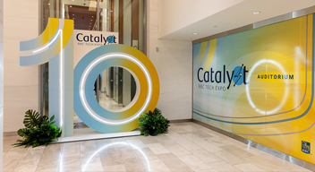 A 10th anniversary display outside the Catalyst event